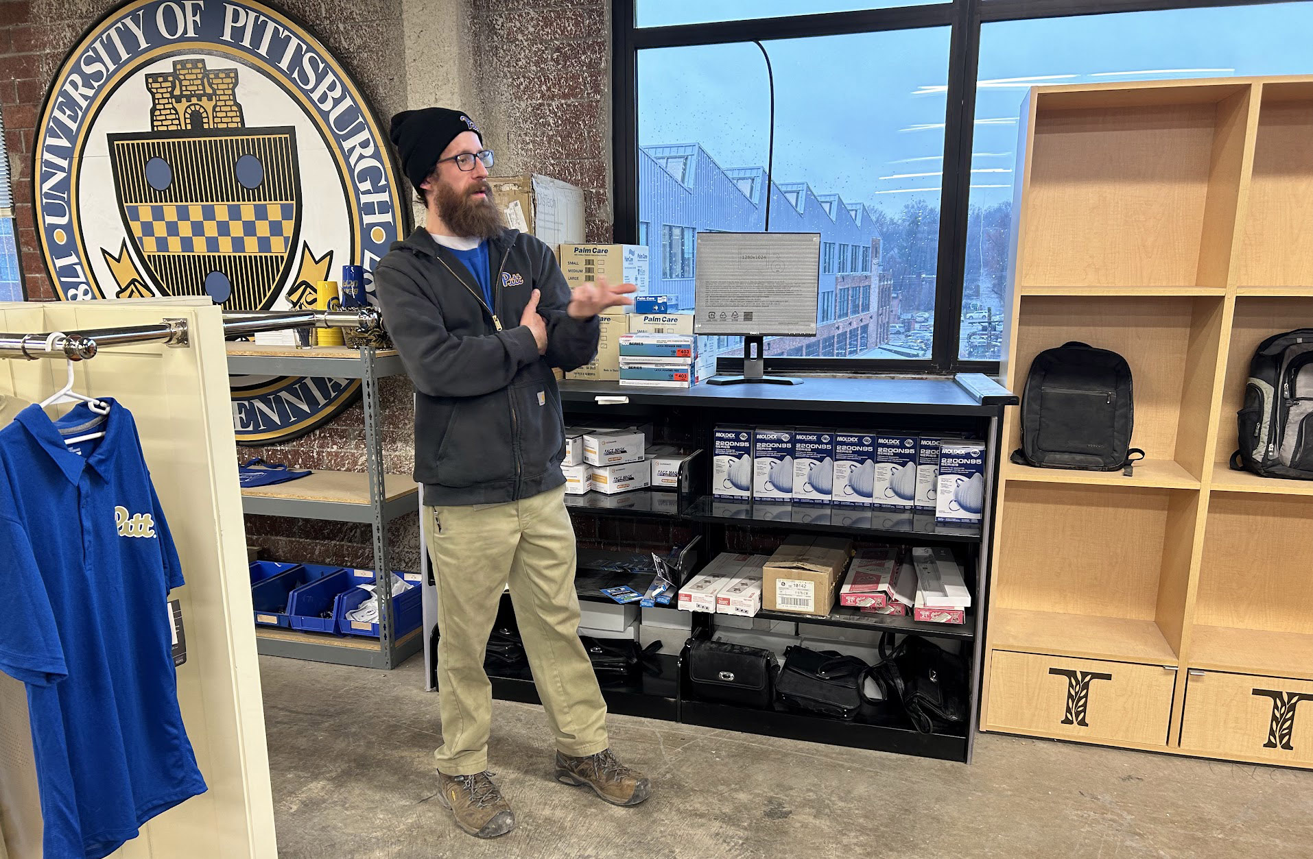 Adam Morrison, a Pitt Surplus specialist at the facility at 7500 Thomas Blvd. for the past two years, said he enjoys having a role in preservation and sustainability. “If (Surplus) wasn’t there, all this would be in the landfill.” (Shannon Wells | University Times) Adam Morrison