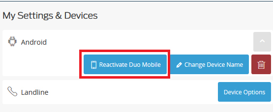 Duo settings with Reactivate Device setting highlighted