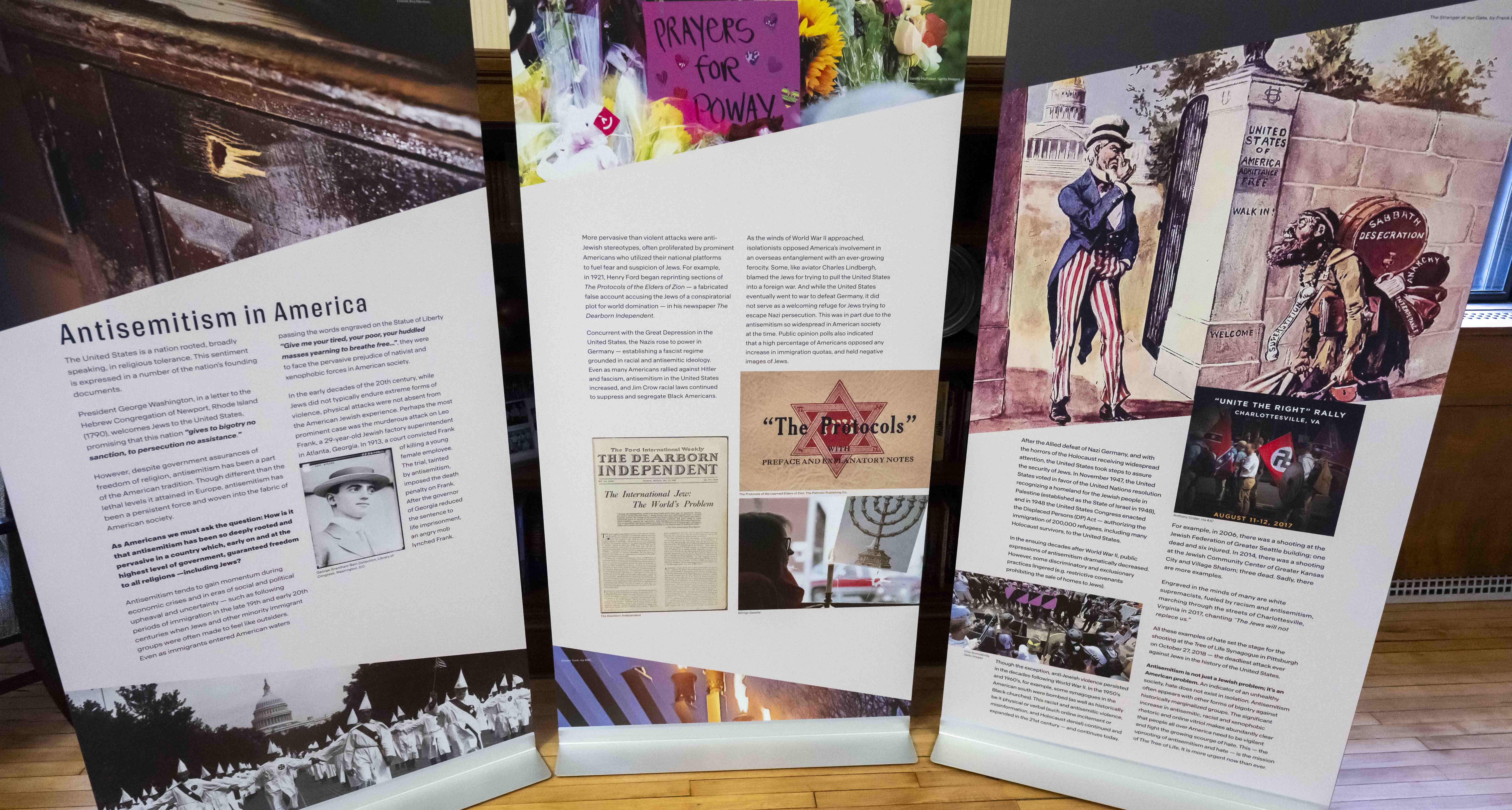 The exhibition, “Lessons from The Tree of Life: Lighting the Path Forward,” not only tells the story of the deadly shooting on Oct. 27, 2018, in Squirrel Hill, but also spotlights other instances throughout history of antisemitism in America. (Photos by Tom Altany | University of Pittsburgh) Part of Tree of Life exhibit