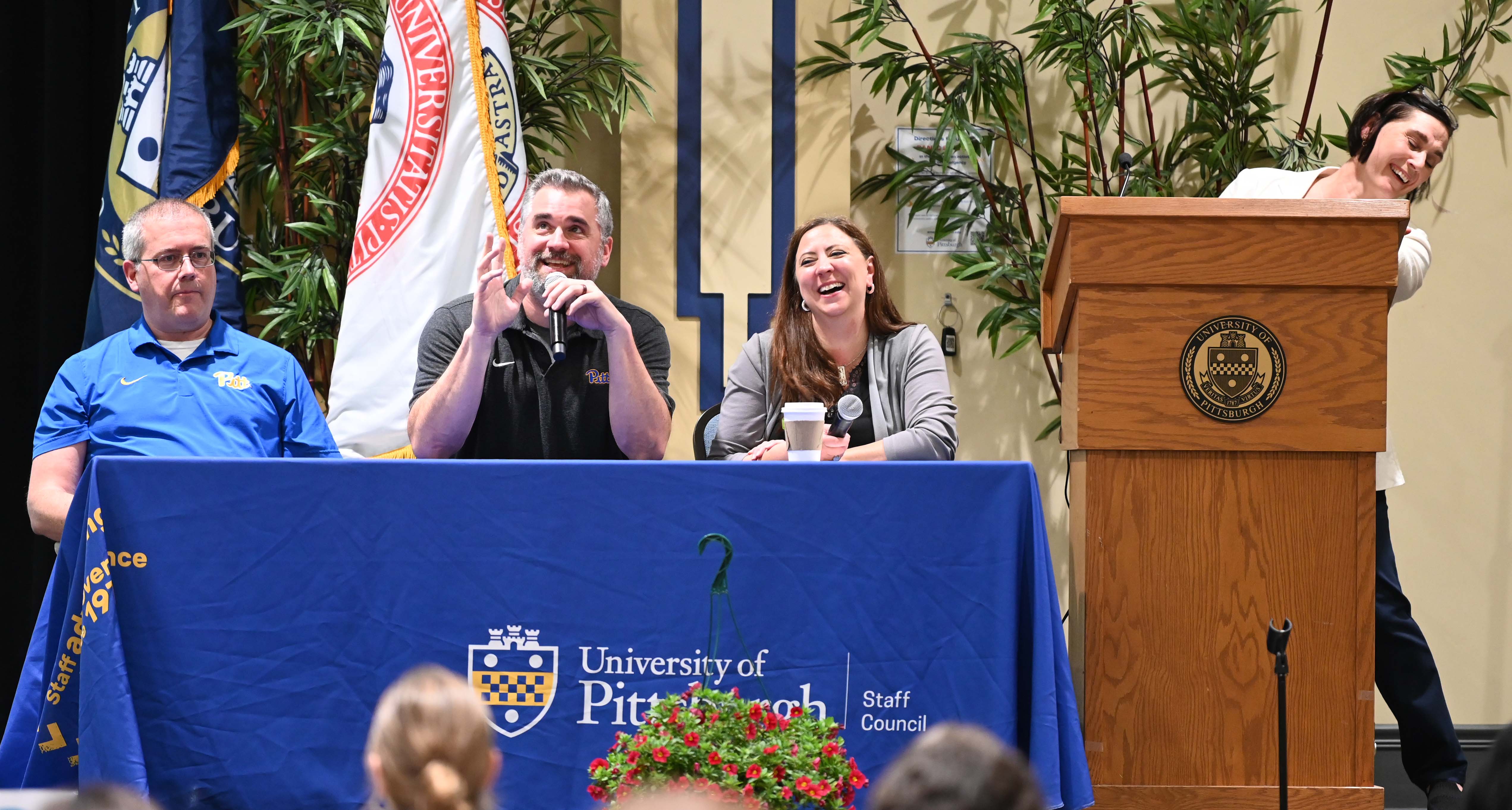 The AI panel at this year's Spring Assembly featured (from left) Daniel McGaughey of Pitt Digital; Jordan Hoover of Facilities Management; and Sarah McMullen of Philanthropic and Alumni Engagement, moderated by Victoria Lancaster, assistant vice chancellor for Operational Excellence.