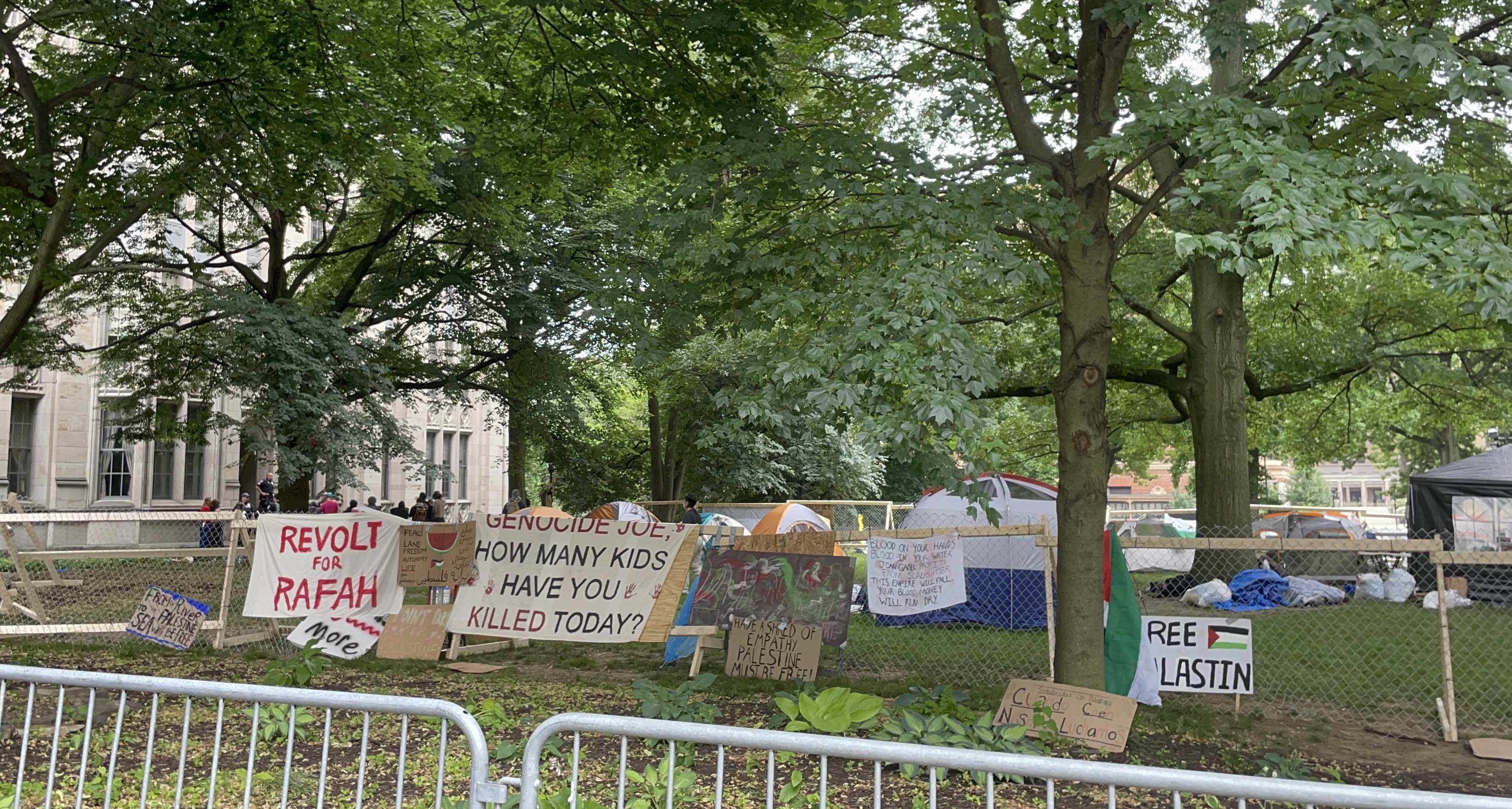 Signs along barricade