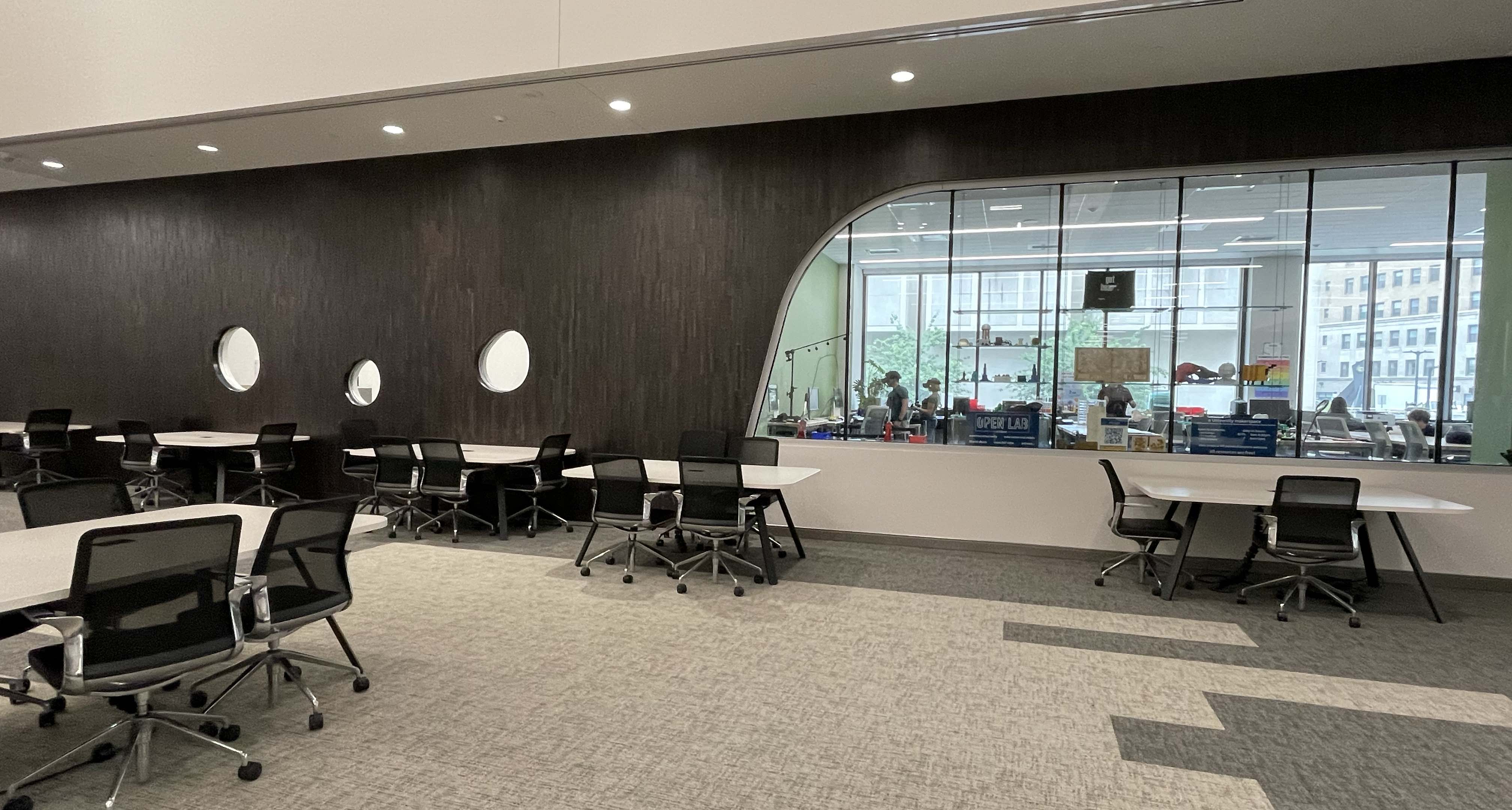 The Open Lab on Hillman's first floor will expand into the area on the left after the audiovisual lending library moves back to the ground floor. Outside the Open Lab