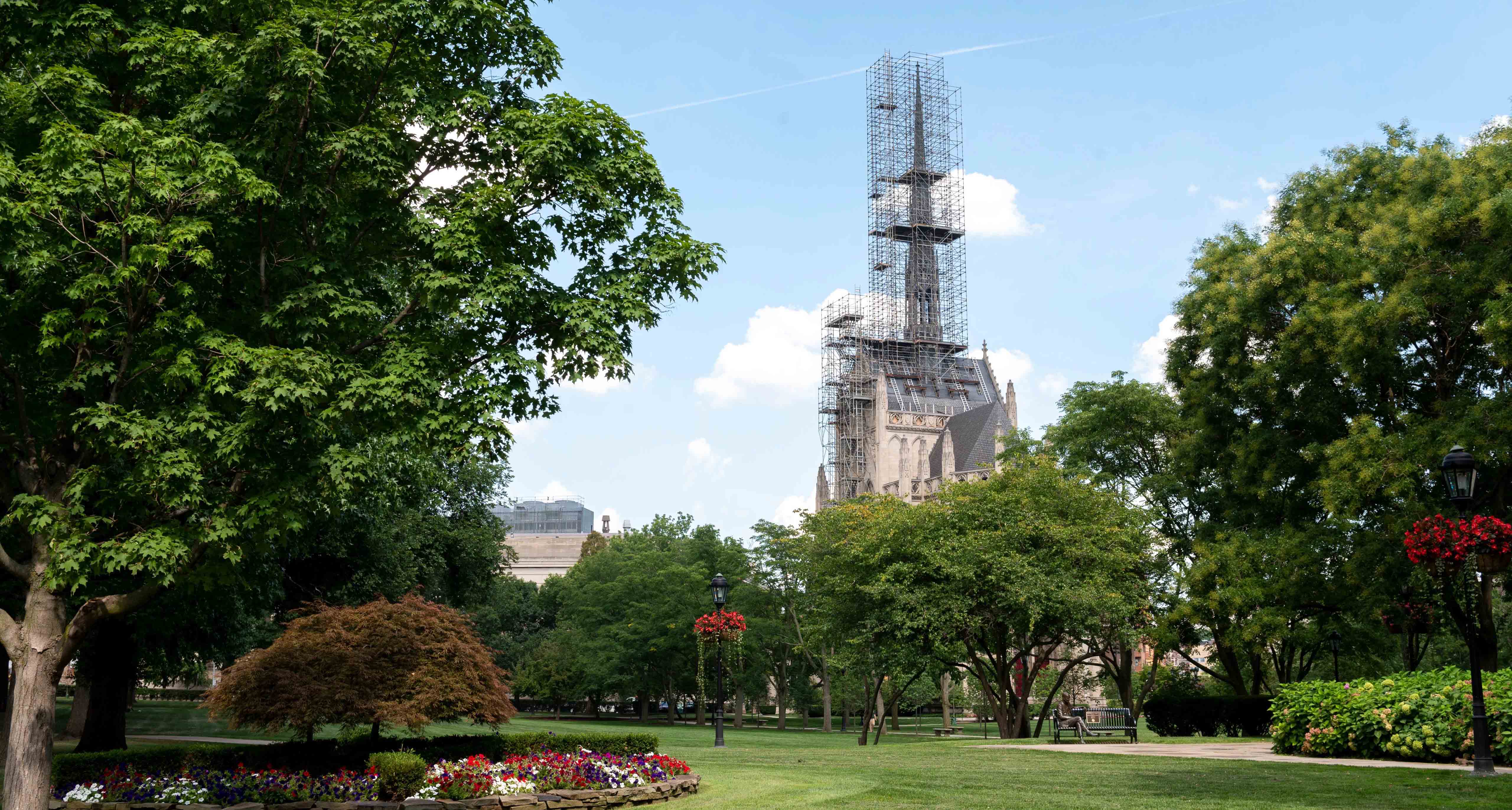 Heinz Chapel spire surrounded by scaffolding