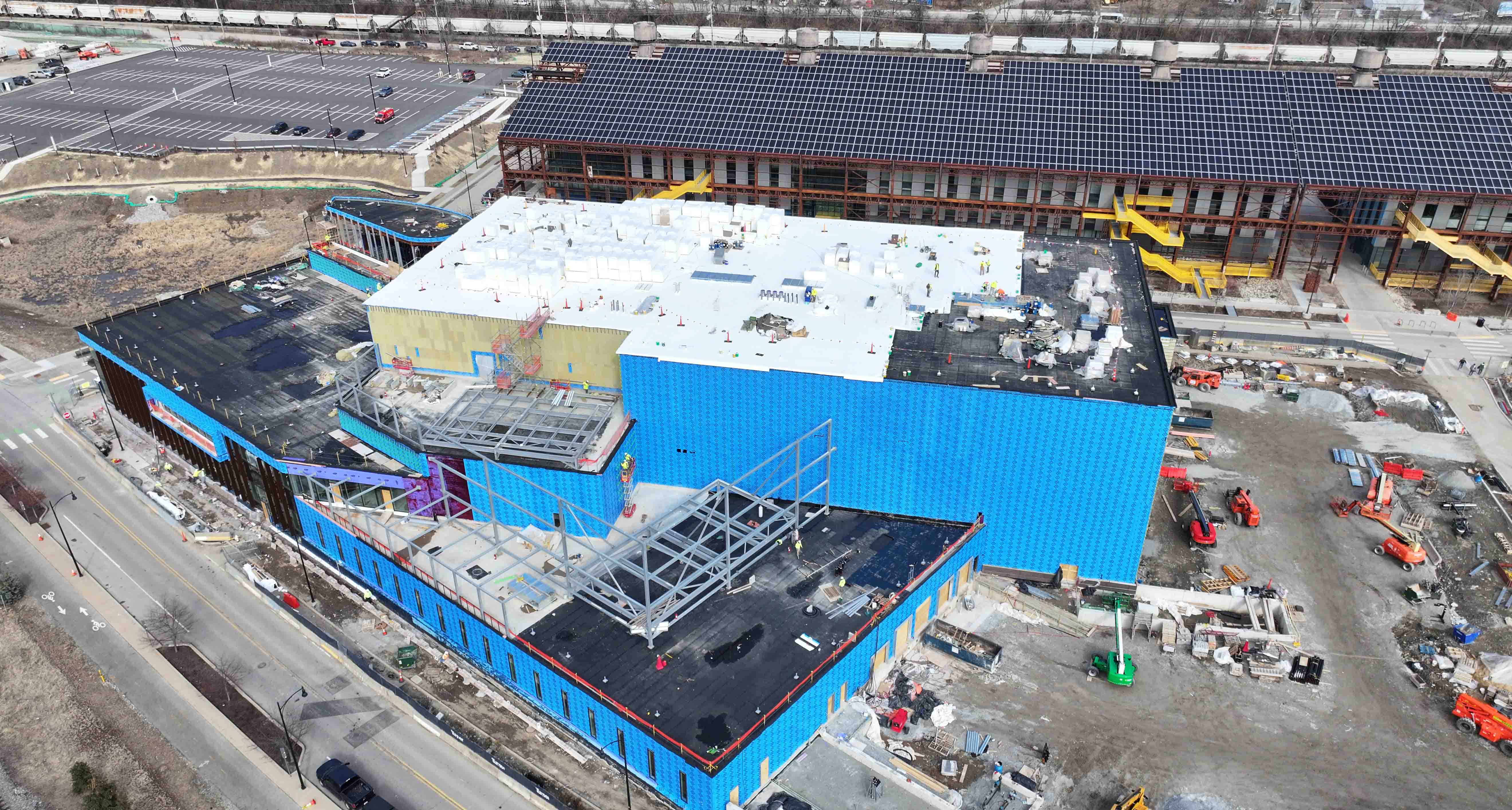 A photo shot from a drone earlier this year shows progress on the BioForge project in Hazelwood Green. (Tom Altany | University of Pittsburgh) BioForge construction