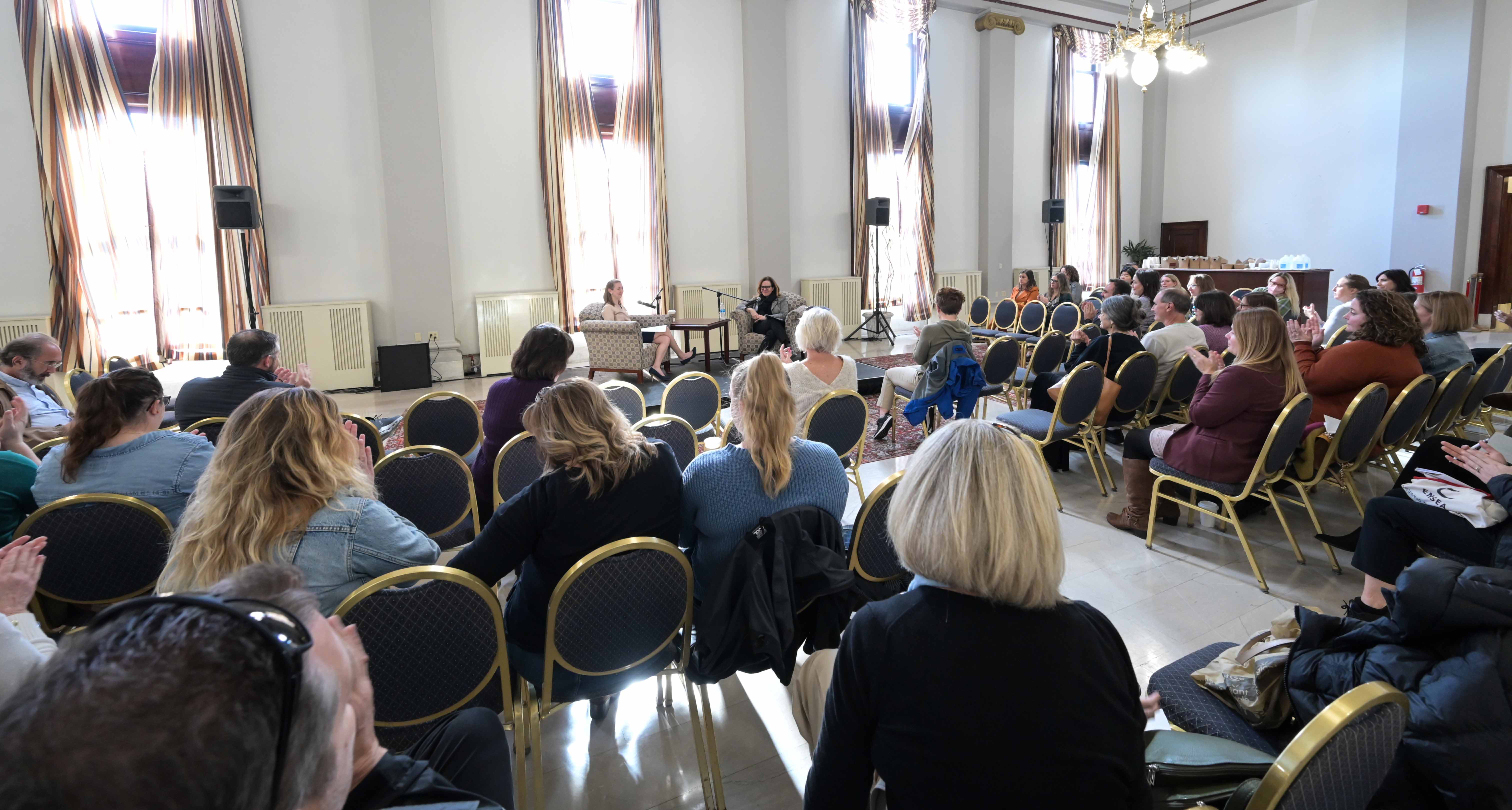 Chancellor Joan Gabel (right) takes questions from Staff Council's Sam Young during the monthly Coffee and Conversation event on Oct. 17 at Alumni Hall. (Aimee Obidzinski | University of Pittsburgh) Crowd at chancellor gabel event