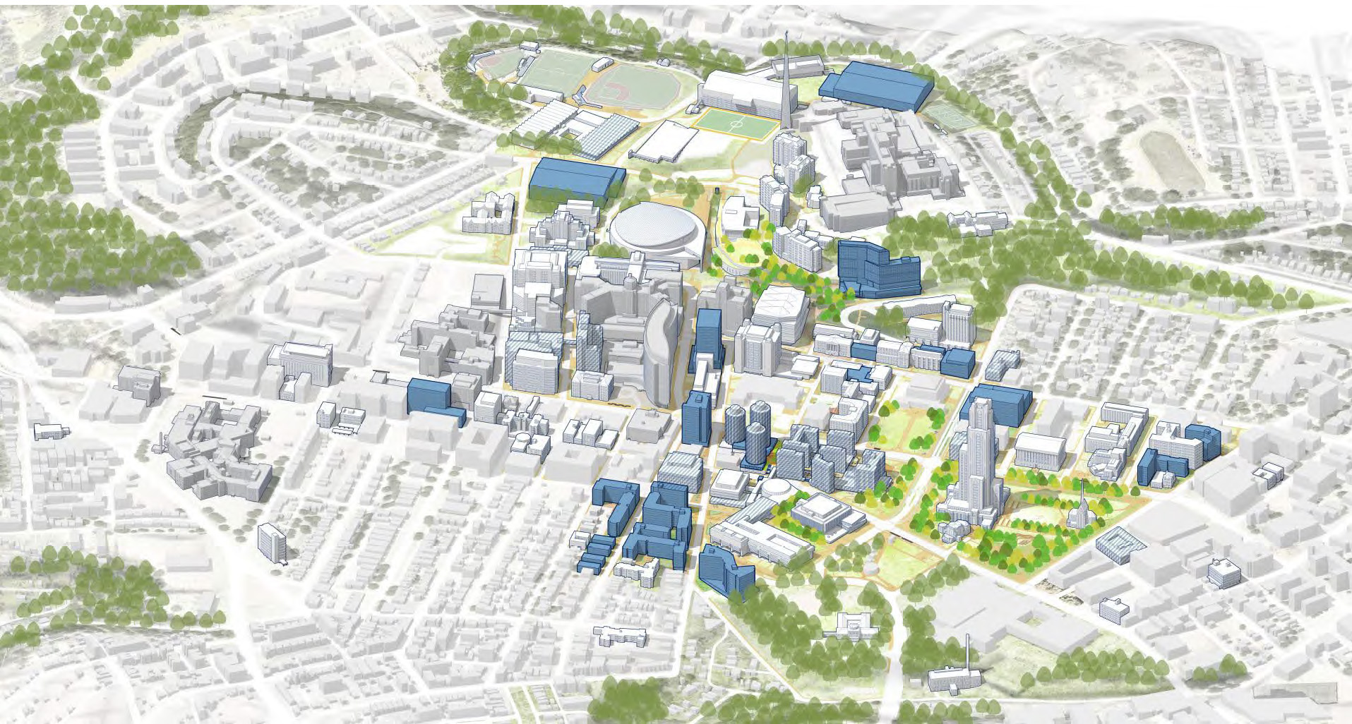 The Campus Master Plan, which is a long-range aspirational model, includes new construction (in blue) and major renovations (in stripes). Map of campus showing new construction