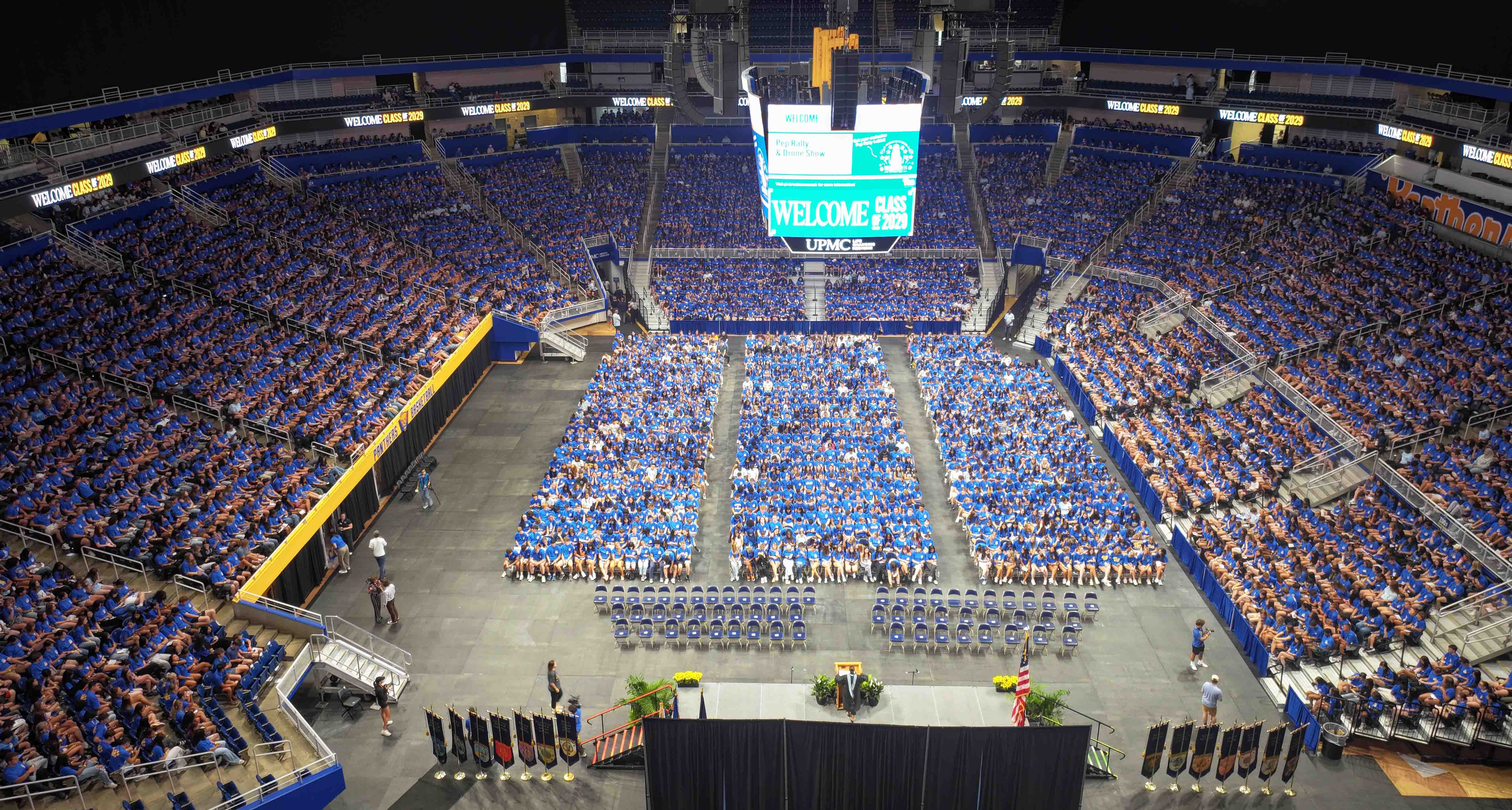The 5,900 incoming first-year students this fall filled the lower level and floor of Petersen Events Center during convocation in August. (Tom Altany | University of Pittsburgh) Students fill Petersen Events Center